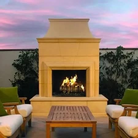 American Fyre Designs 95 Inch Vented Free-Standing Outdoor Cordova Fireplace, 110 Inch Radiused Bullnose, Hearth Only, Cafe Blanco, Key Value on the RIGHT/Gas Source out the BACK- 022-37-H-CB-RBC