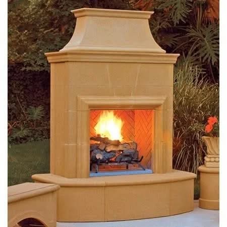 American Fyre Designs 84 Inch Vented Free-Standing Outdoor Petite Cordova Fireplace, 113 Inch Rectangle Bullnose, No Recess, Cafe Blanco, Key Value on the RIGHT/Gas Source out the BACK- 025-05-N-CB-RBC