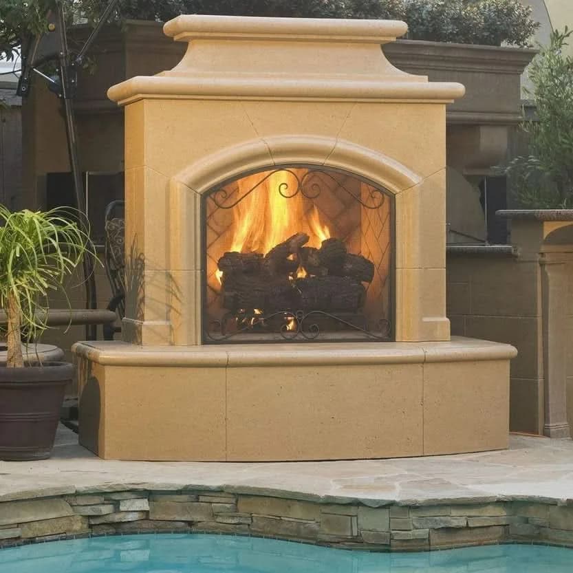 American Fyre Designs 67 Inch Vented Free-Standing Outdoor Mariposa Fireplace, 16 Inch Radiused Bullnose, No Recess, Cafe Blanco, Key Value on the LEFT/Gas Source UNDERNEATH- 073-01-N-CB-LUC