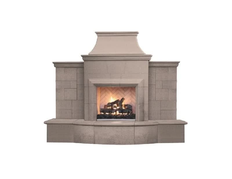 American Fyre Designs 84 3/4 Inch Vent-Free Free-Standing Outdoor Grand Petite Cordova Fireplace with Extended Bullnose Hearth, No Recess, Cafe Blanco, Key Value on the LEFT/Gas Source out the BACK- 165-10-N-CB-LBC