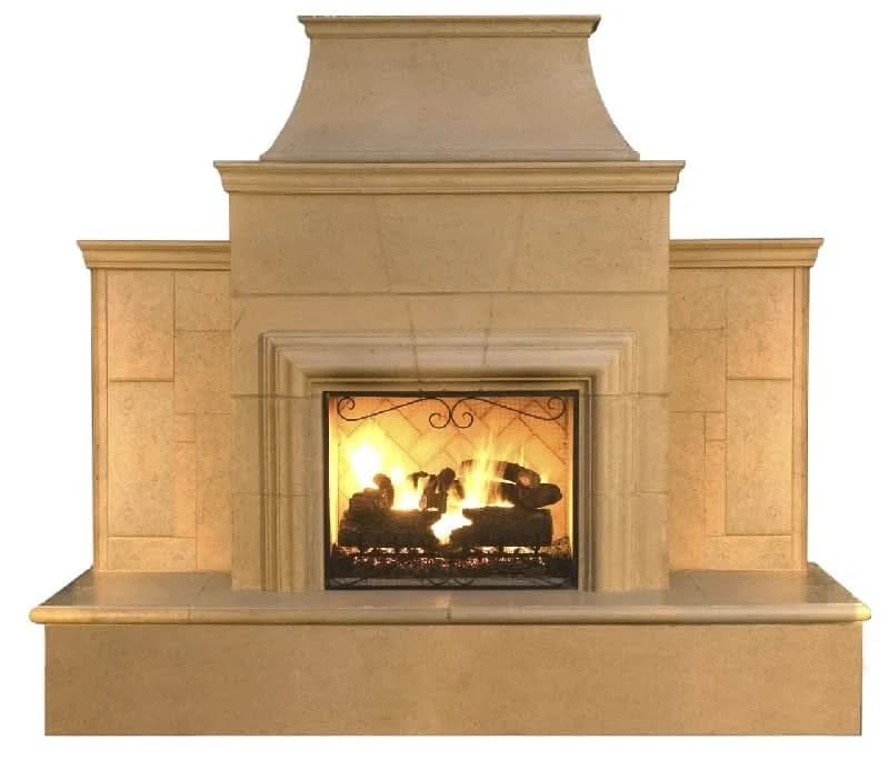 American Fyre Designs 95 Inch Vented Free-Standing Outdoor Grand Cordova Fireplace with Rectangle Extended Bullnose Hearth, Hearth Only, Smoke, Key Value on the RIGHT/Gas Source out the BACK- 882-35-H-SM-RBC