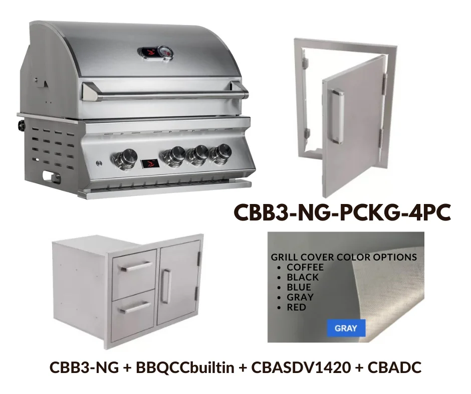 Whistler Standard Package 3 burner Built-in gas Grill with Stainless Steel Access door, Door Drawer Combo and Custom Grill cover with 5 year warranty NG