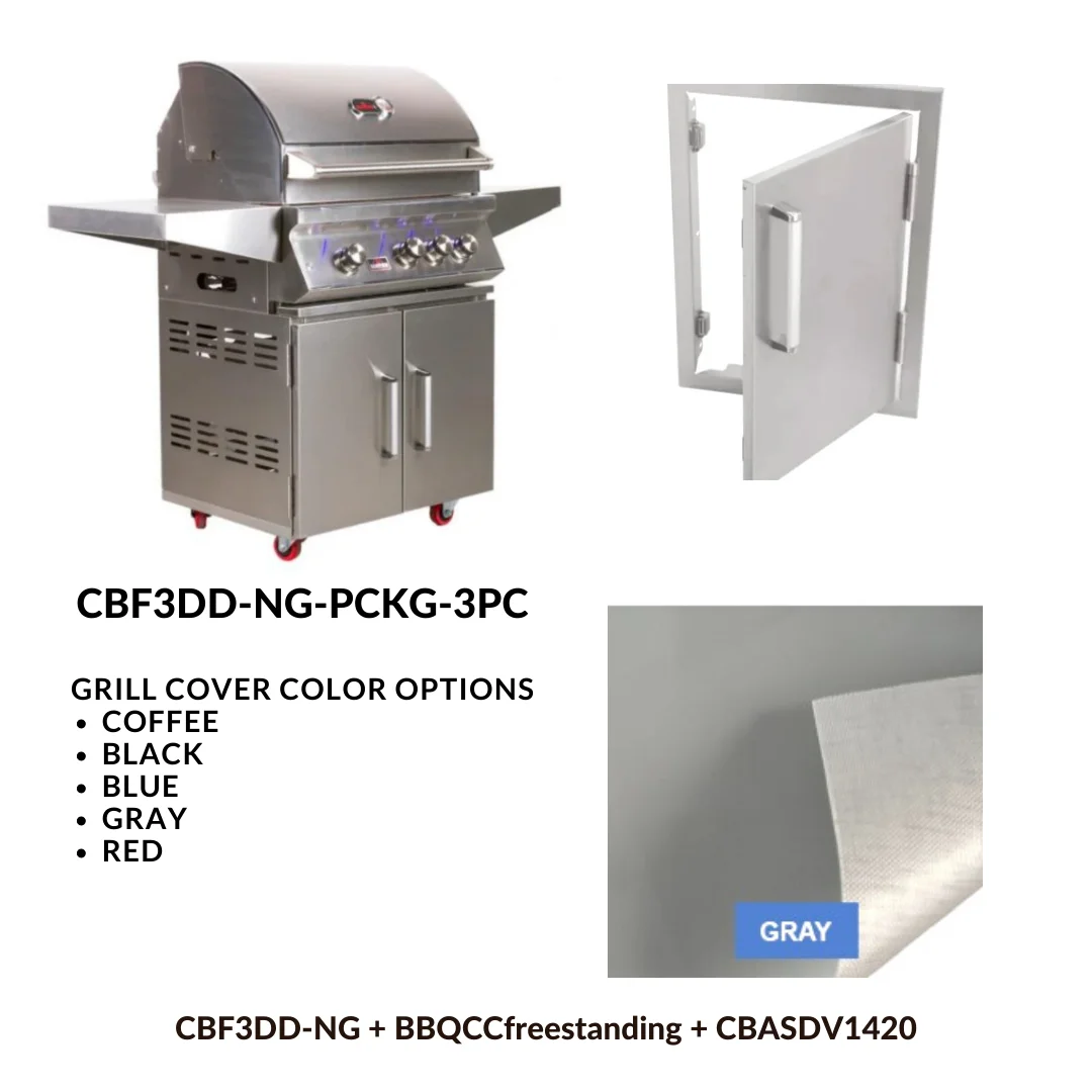 Whistler Basic Package 3 burner Freestanding Double Door Cart Gas Grill with Stainless Steel Access door and Custom Grill cover with 5 year warranty NG