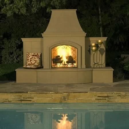 American Fyre Designs 87 Inch Vented Free-Standing Outdoor Grand Phoenix Fireplace with Extended Bullnose Hearth, No Recess, White Aspen, Key Value on the RIGHT/Gas Source Out the Back- 818-05-N-WA-RBC