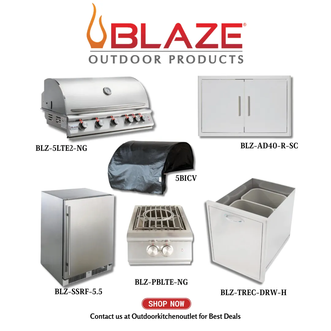 Blaze Outdoor Premium Package LTE 40-inch 5 Burner Grill with Stainless Steel Access Door, Cover, Refrigerator, Power Burner and Trash Can NG