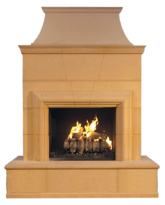 American Fyre Designs 95 Inch Vented Free-Standing Outdoor Cordova Fireplace, 16 Inch Rectangle Bullnose, No Recess, Cafe Blanco, Key Value on the LEFT/Gas Source out the BACK- 022-20-N-CB-LBC