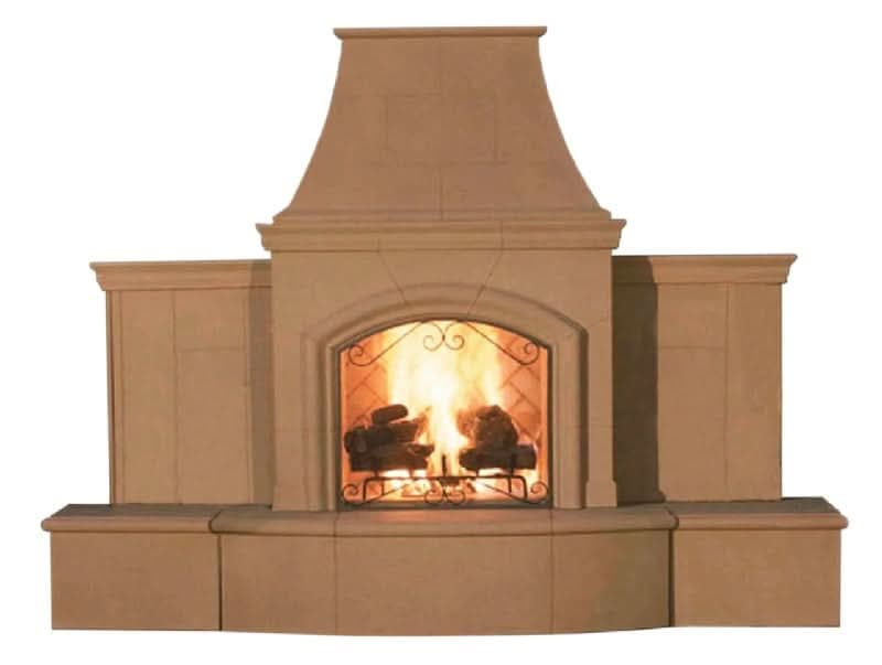 American Fyre Designs 87 Inch Vent-Free Free-Standing Outdoor Grand Phoenix Fireplace with Extended Bullnose Hearth, No Recess, Cafe Blanco, Key Value on the LEFT/Gas Source UNDERNEATH- 118-05-N-CB-LUC