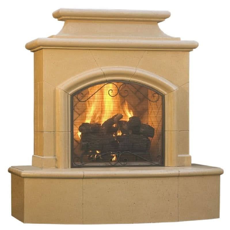 American Fyre Designs 67 Inch Vent-Free Free-Standing Outdoor Mariposa Fireplace, 137 Inch Extended Bullnose, No Recess, Cafe Blanco, Key Value on the LEFT/Gas Source out the BACK- 173-06-N-CB-LBC