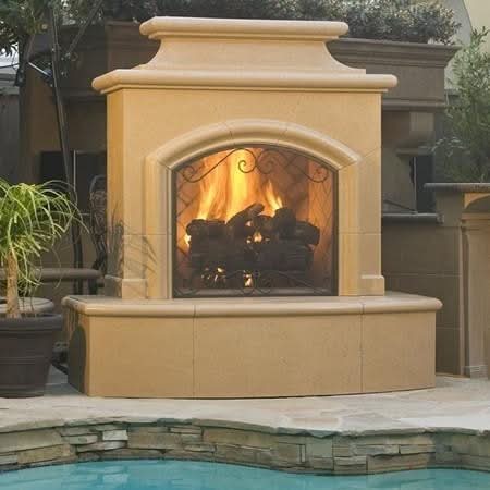 American Fyre Designs 67 Inch Vent-Free Free-Standing Outdoor Mariposa Fireplace, 113 Inch Extended Bullnose, No Recess, Black Lava, Key Value on the LEFT/Gas Source out the BACK- 173-05-N-BA-LBC