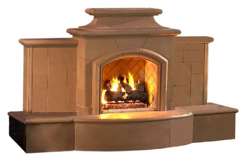American Fyre Designs 67 Inch Vented Free-Standing Outdoor Grand Mariposa Fireplace with Extended Bullnose Hearth, Hearth Only, Cafe Blanco, Key Value on the LEFT/Gas Source out the BACK- 868-05-H-CB-LBC