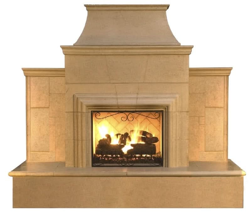 American Fyre Designs 95 Inch Vented Free-Standing Outdoor Grand Cordova Fireplace with Rectangle Extended Bullnose Hearth, No Recess, Smoke, Key Value on the RIGHT/Gas Source UNDERNEATH- 882-35-N-SM-RUC