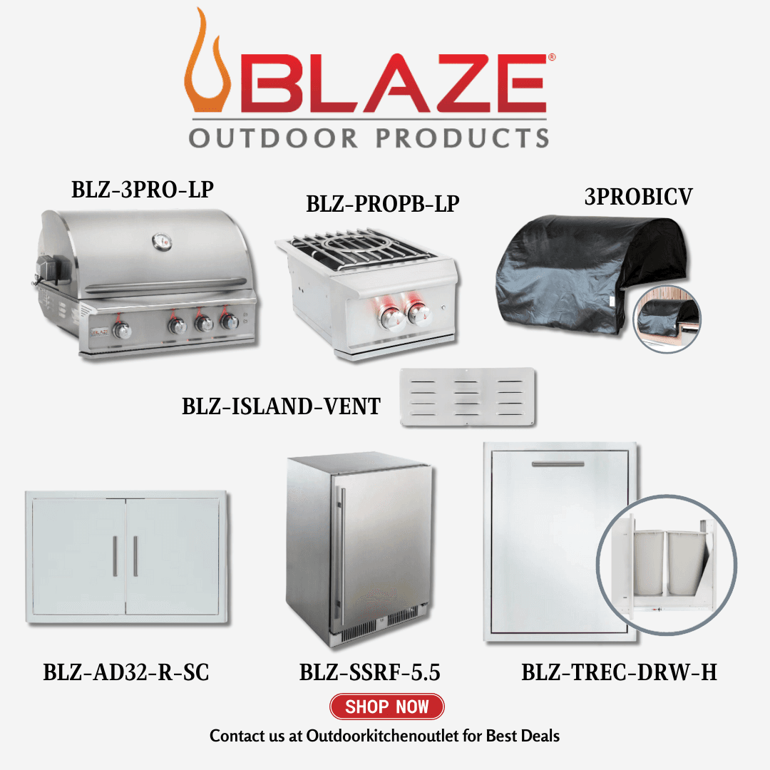 Blaze Outdoor Premium Package Pro LUX 3 Burner 34-inch BBQ Grill with power burner, Access door, Grill Cover, Refrigerator, Trash Drawer and Vent LP
