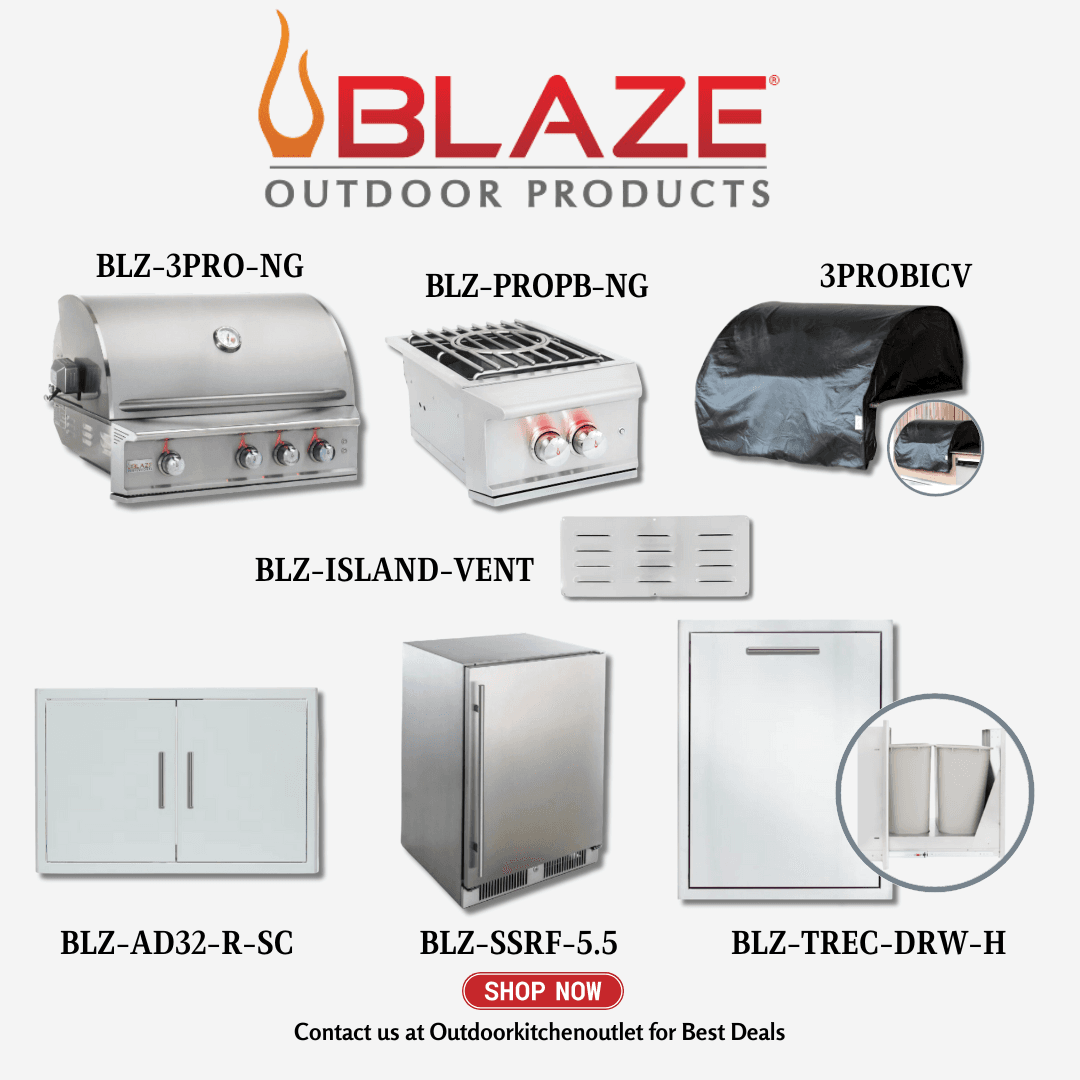 Blaze Outdoor Premium Package Pro LUX 3 Burner 34-inch BBQ Grill with power burner, Access door, Grill Cover, Refrigerator, Trash Drawer and Vent NG