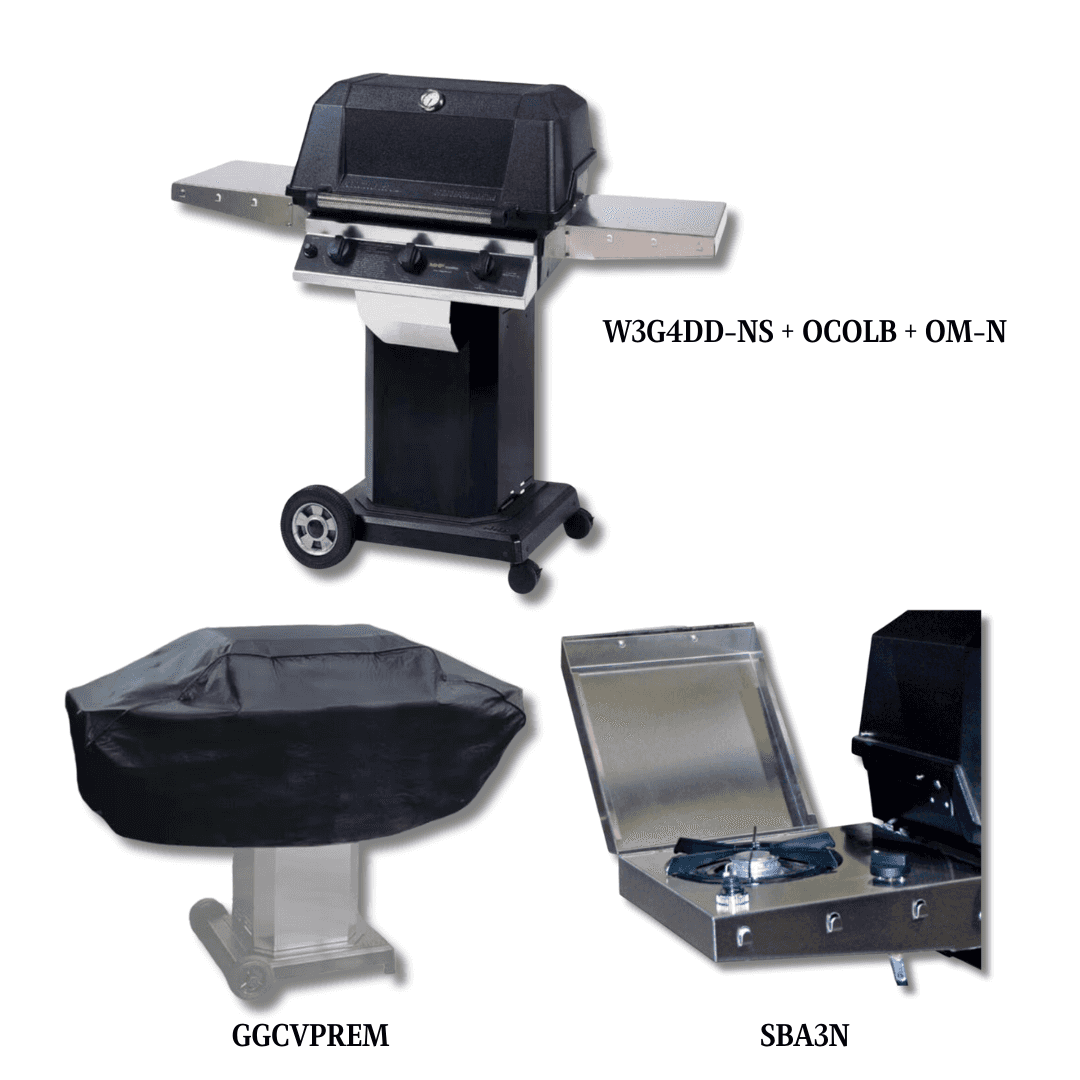 MHP W3G4DD Natural Gas with Sear Magic Grids on Black Cart Grill with Cover and Single side burner - PCKG4-W3G4DD-NS