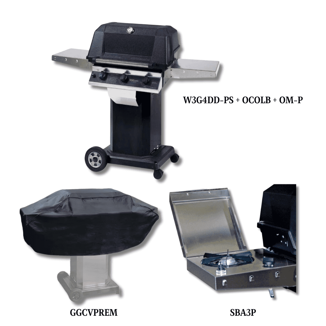 MHP W3G4DD Liquid Propane Gas with Sear Magic Grids on Black Cart Grill with Cover and Single side burner - PCKG4-W3G4DD-PS