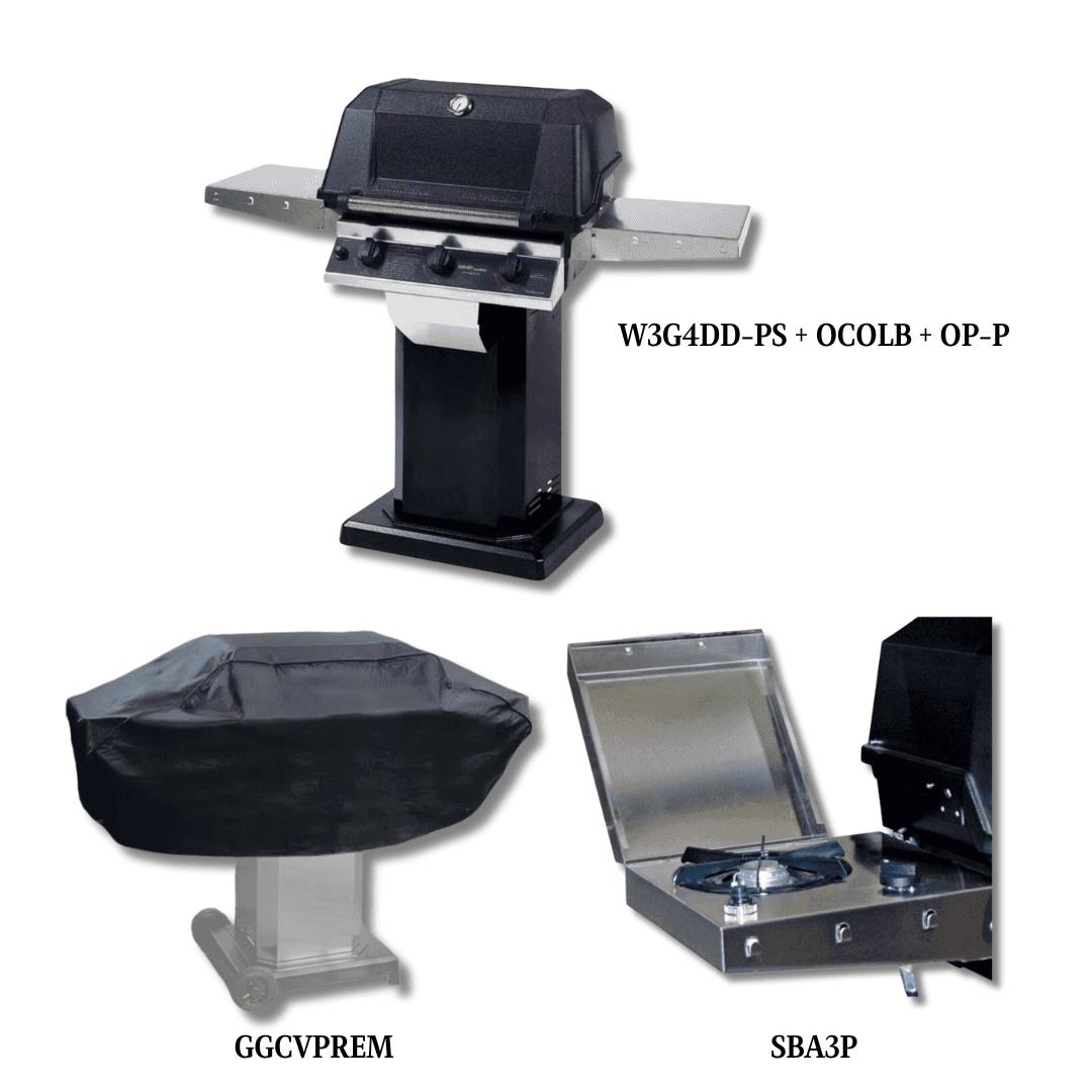 MHP W3G4DD Liquid Propane Gas with Sear Magic Grids on Black Patio Base with Cover and Single Side Burner - PCKG2-W3G4DD-PS